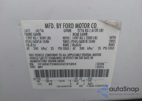 2016 Ford Explorer Xlt из США, поврежденный, VIN 1FM5K7D80GGC91203